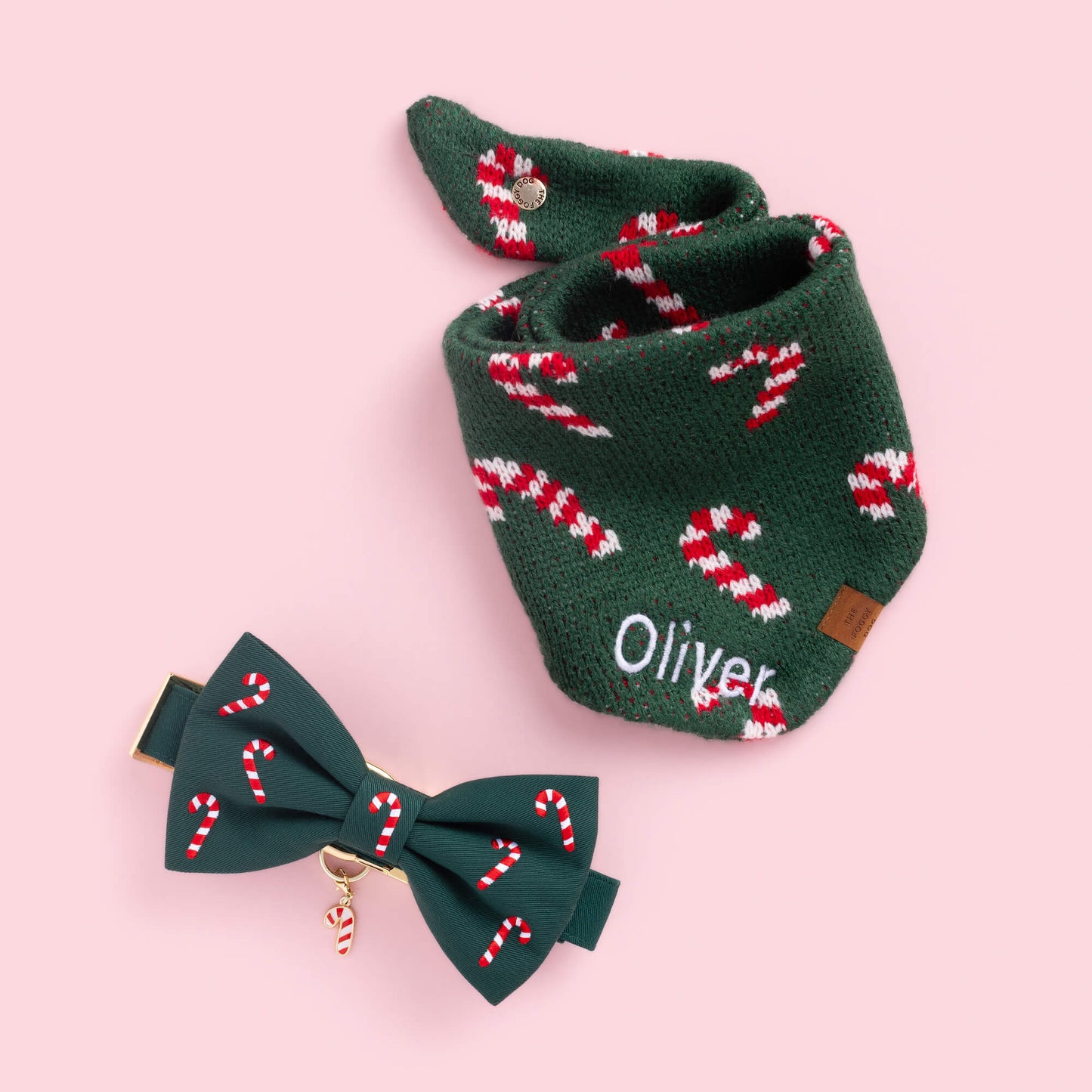 Evergreen Candy Canes Embroidered Bow Tie Collar